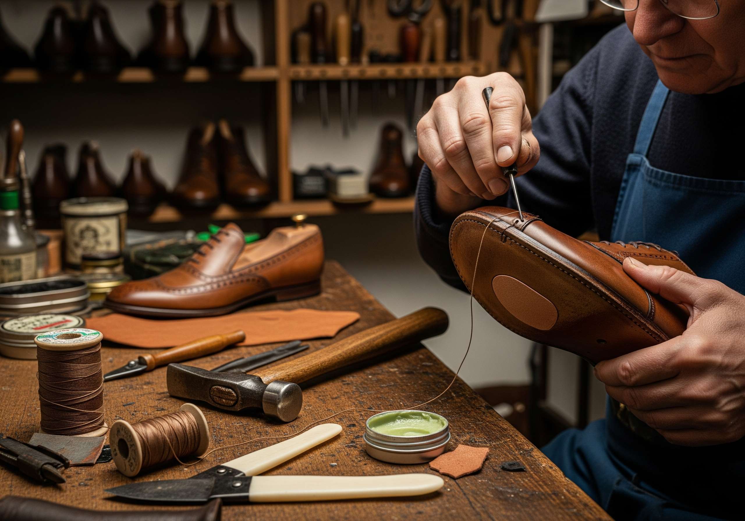 Blick in die aufgeräumte Werkstatt eines Schuhmacher-Partners